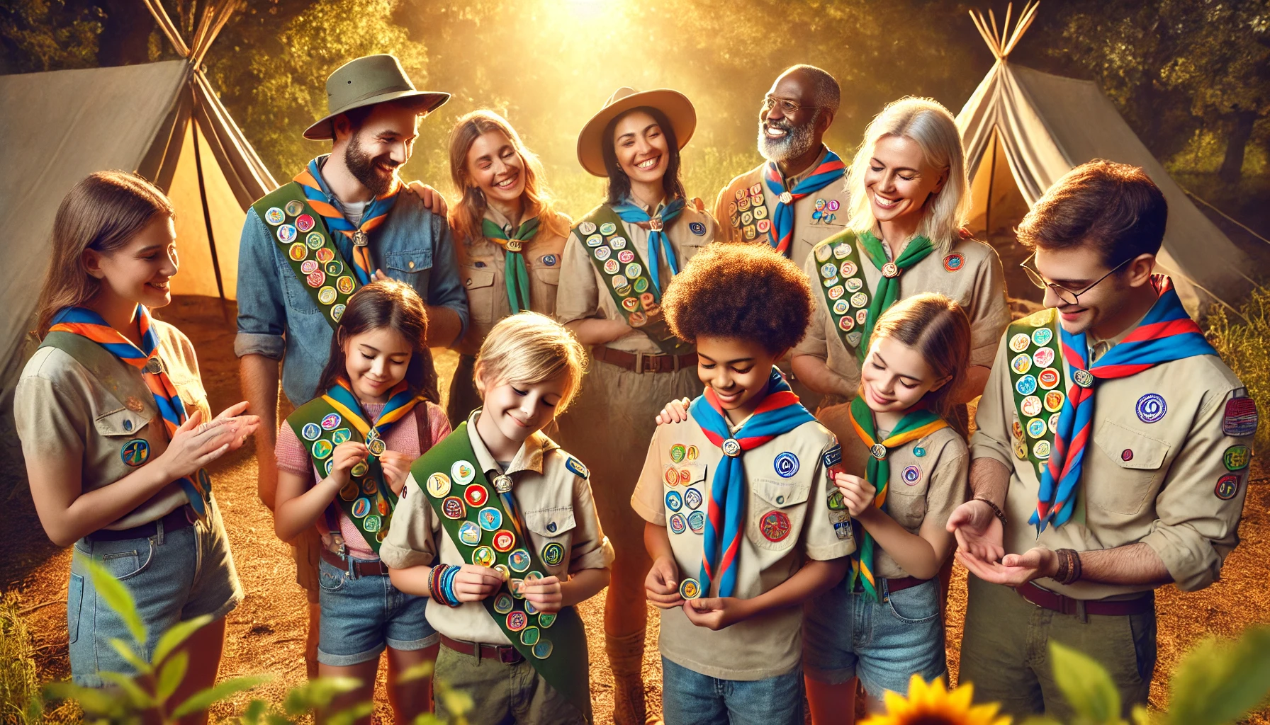 Scouts and adults interacting in a supportive, outdoor setting — perfect for conveying guidance, achievement, and leadership