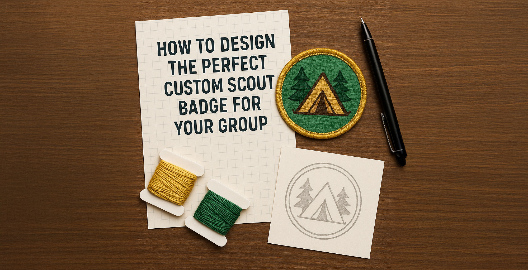 Flat lay design process of a custom scout badge with embroidery materials and troop design sketch