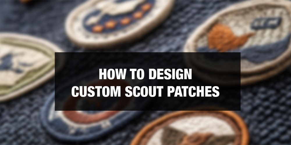 custom scout patches on a navy crew neck jumper with the text how to design custom scout patches overlayed on top